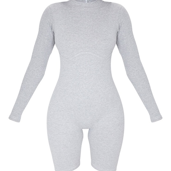 Grey ribbed long-sleeve playsuit - Picture 2 of 6